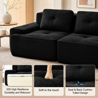 Canapé d'angle modulaire moderne de 390 cm pour salon, tissu velours côtelé, canapé 4 places avec assise profonde, passepoil nacré, capitonnage, livré monté, antidérapant, noir