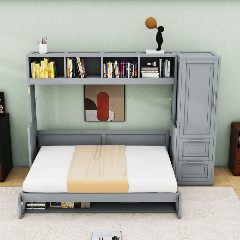Lit escamotable double en bois avec garde-robe latérale et tiroirs de rangement, Gris