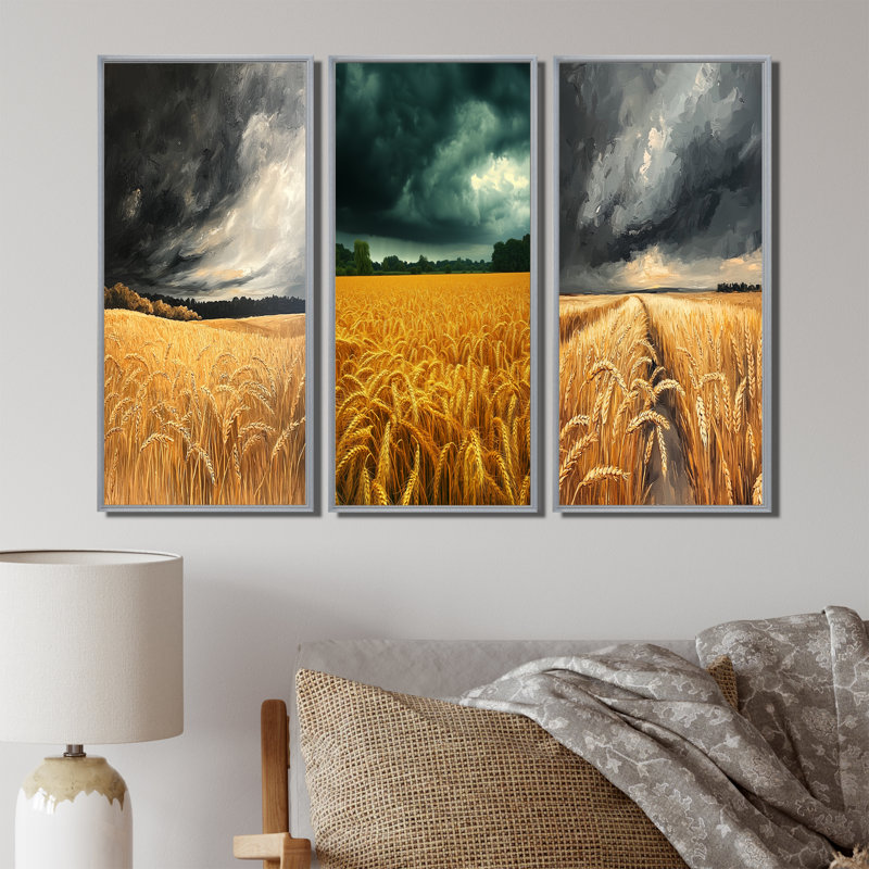 Blé doré de campagne sous les nuages de la tempête I - Collection d'art mural Meadow, H 28 po x l 36 po, Argent argent