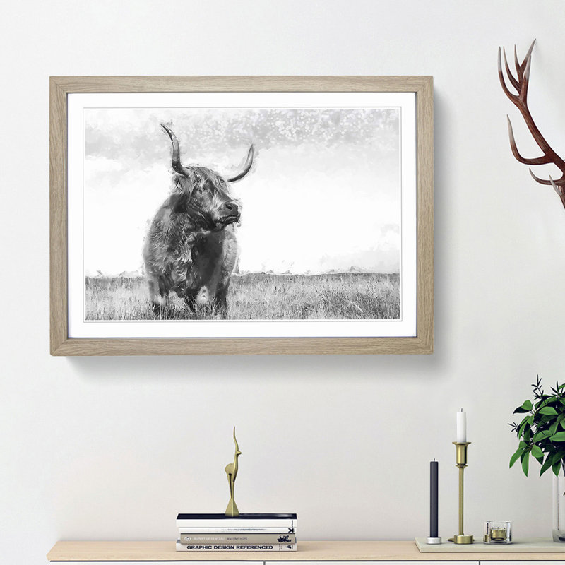 Highland Cow in Abstract - Framed Print, Oak Framed, 62cm H x 87cm W x 2cm D