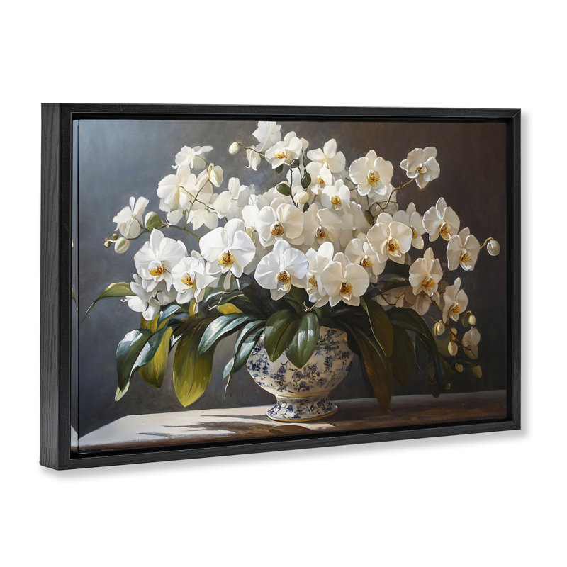 Cadre flottant élégant orchidée, par Franklyn Gregory, Cadre flottant noir de jais, H 17 po x l 25 po