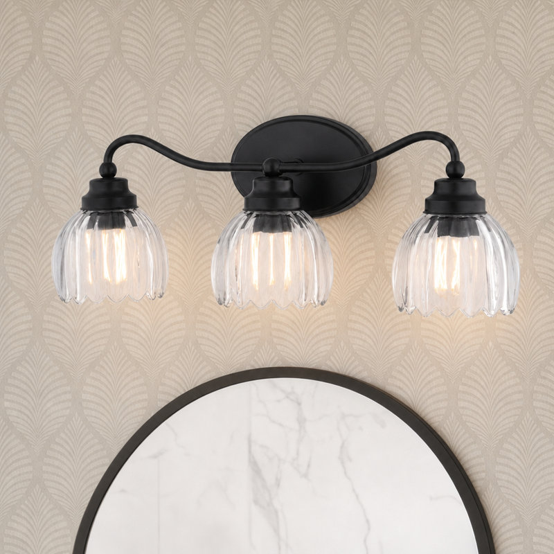 Éclairage pour meuble-lavabo noir mat à 3 lumières Shirley, 21,25 po de largeur, verre tulipe transparent cannelé, acier, à intensité variable, compatible DEL, fixation réversible