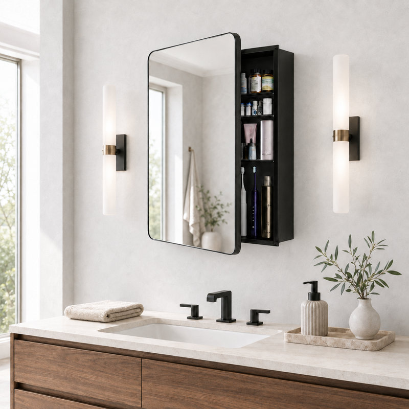 Bathroom Medicine Cabinet with Mirror, Recessed or Surface Mount, Adjustable Shelves & Behind Door Storage