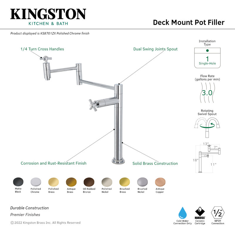 Kingston Brass Two-Handle 1-Hole Deck Mount Pot Filler Faucet, Cross Handle, Antique Brass