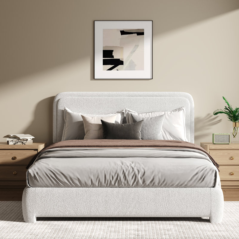 Lit plateforme tapissier Hayden Boucle, Lit double, Blanc