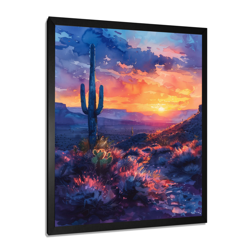Cactus vert, mauve, désert, coucher de soleil III - décoration murale cactus floral, H 20 po x l 12 po x P 1 po