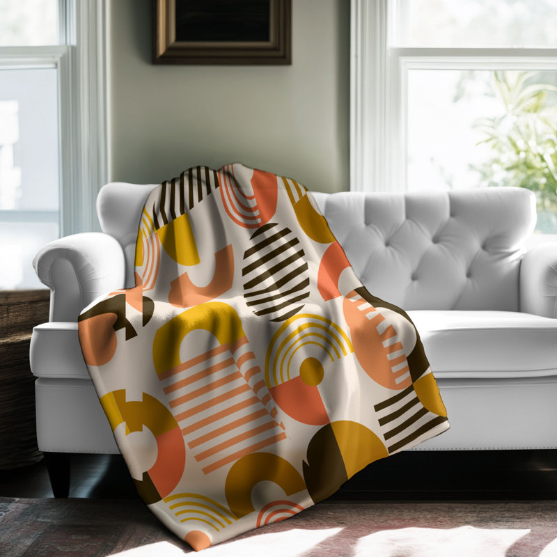 Motif Groovy - 1 pièce Sherpa Premium, Lit simple, Orange / noir / jaune abstrait / formes géométri