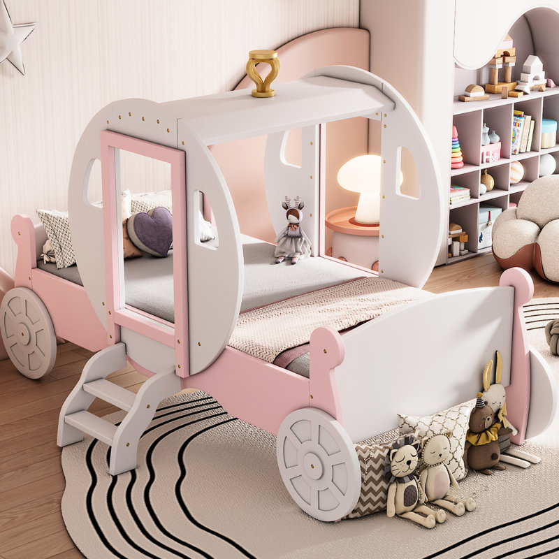 Lit simple blanc et rose avec couronne, lit plateforme en bois, 10 lattes de soutien, charge de 350 lb, escalier de haute qualité, contreplaqué robuste, stabilité