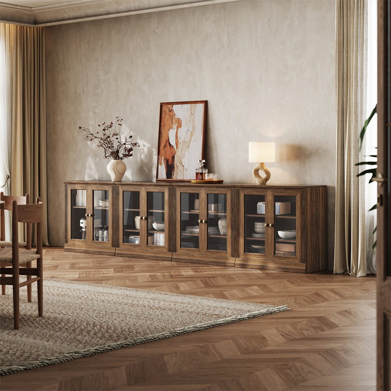 Buffet modulaire moderne Monos 126,8 po avec portes vitrées, vitrine à 4 compartiments, noyer, Brown
