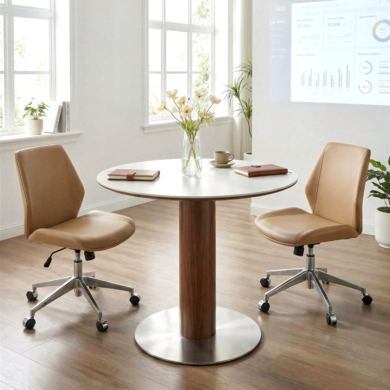 Table de conférence ronde de 31,5 po, petite table de réunion, plateau de table en pierre frittée et base en bois massif et acier inoxydable