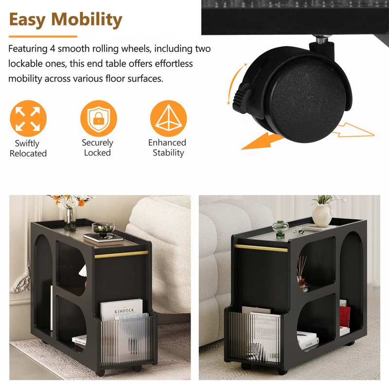 Mobile End Table With Lockable Wheels, Black