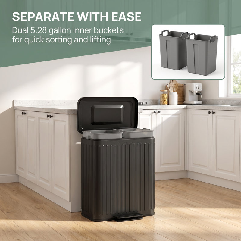 10.6 Gallon Black Ribbed Dual Compartment Kitchen Trash Can with Foot Pedal, Black