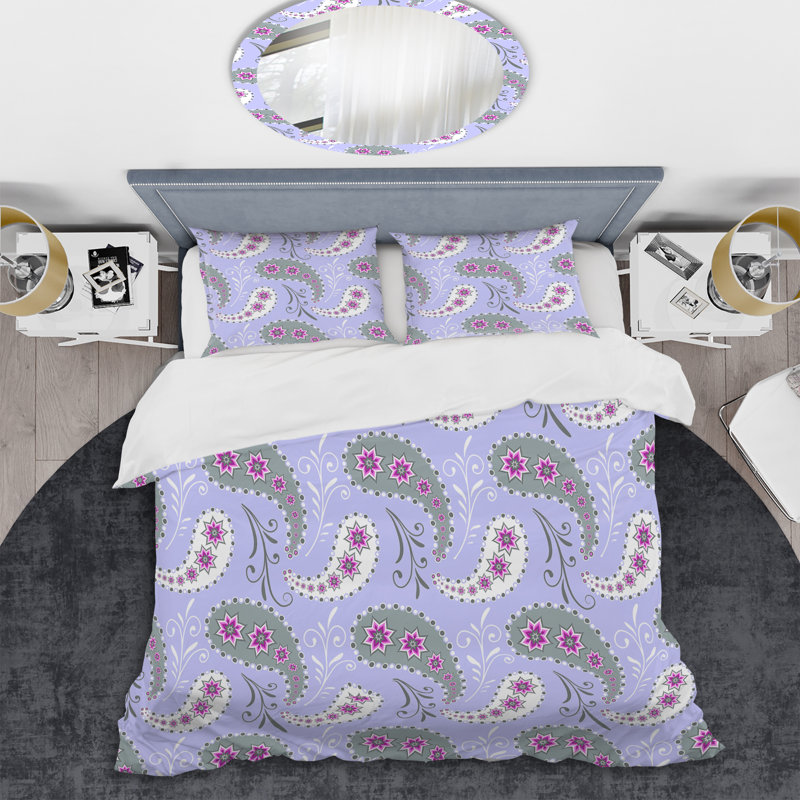 Ensemble de housse de couette à motif floral gris et blanc à motif cachemire
