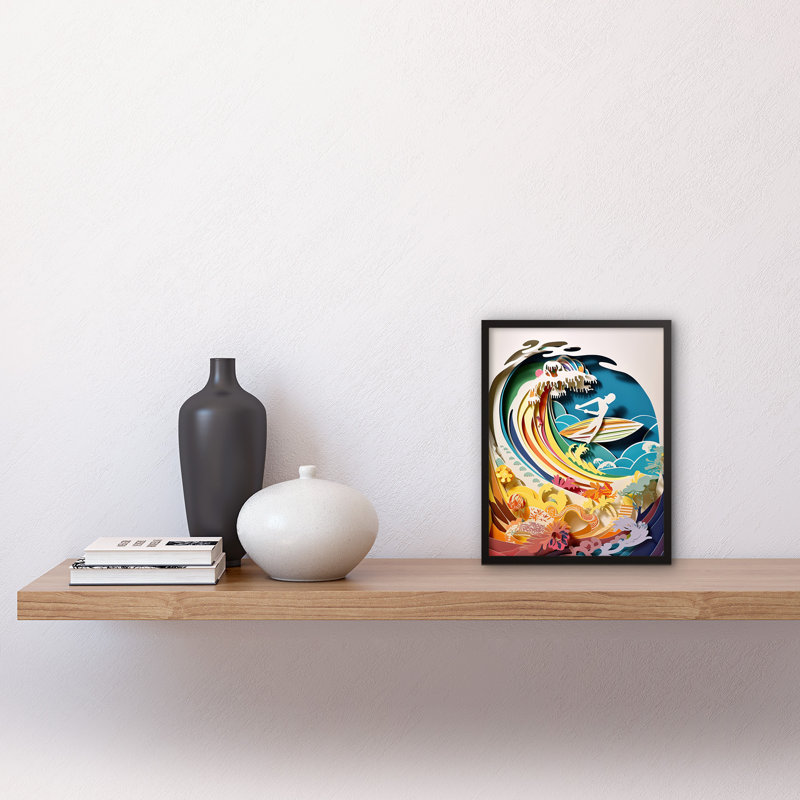 Rainbow Kirigami Surfer Surfing Coastal Landscape - Single Picture Frame Print