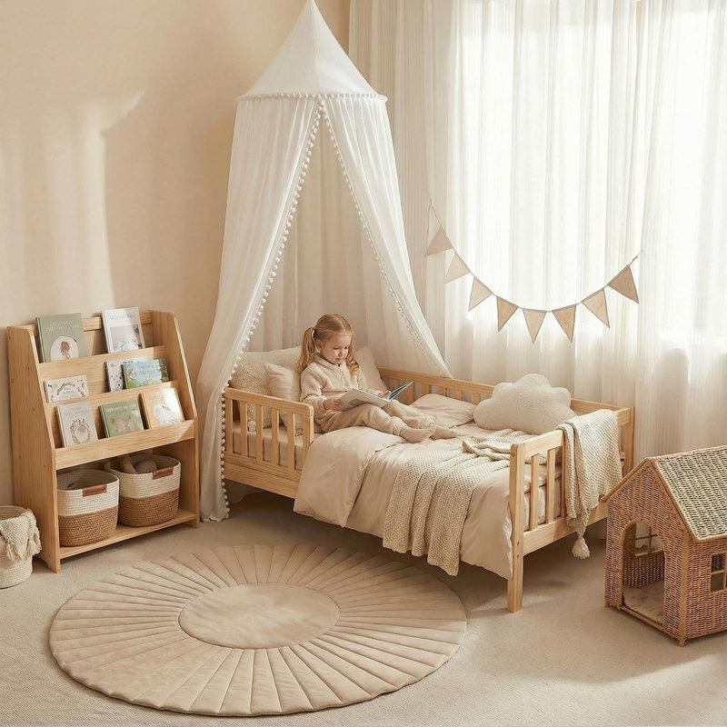 Lit à baldaquin avec pompon en coton pour lit de bébé
