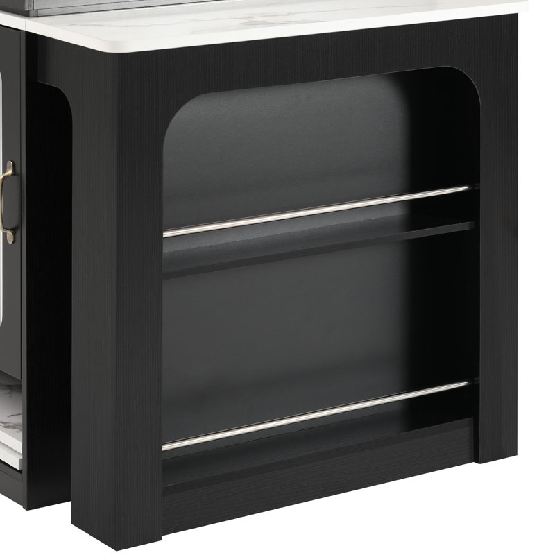 Îlot de cuisine avec table de salle à manger extensible, rangement double-face, 2 tiroirs, prise de courant, Noir