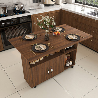 Table pliante multifonctionnelle avec tablettes et roulettes de rangement, table de salle à manger pliable de 47 pouces pour les petits espaces, bureau compact pour la cuisine, dortoir, bureau (noyer)