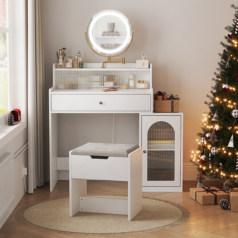 Bureau de coiffeuse avec miroir pivotant à 360 ° et lumières réglables