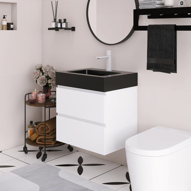 Meuble-lavabo mural 24 po avec lavabo, Blanc, Noir