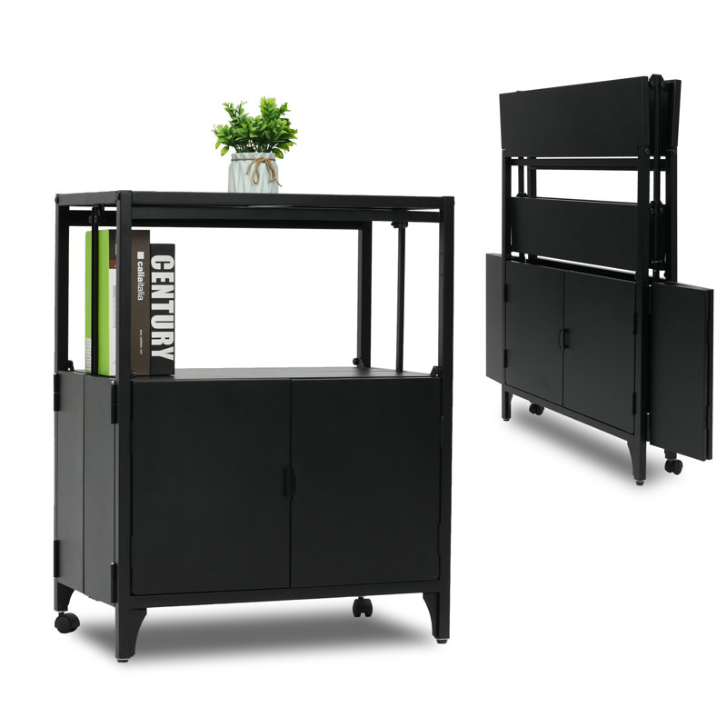 Accent 23.6’’ Wide  Foldable Metal Double Layer Cabinet with  Wheels Easy Assemble end table, Black