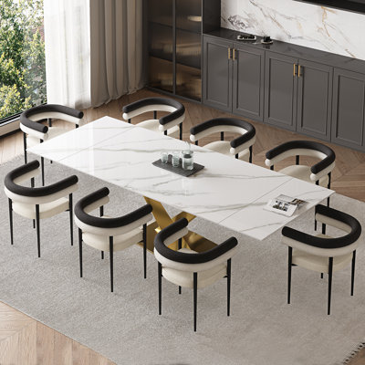 9 - Pieces Dining Table Set With 94.5'' Extendable Sintered Stone Top And Upholstered Armchair