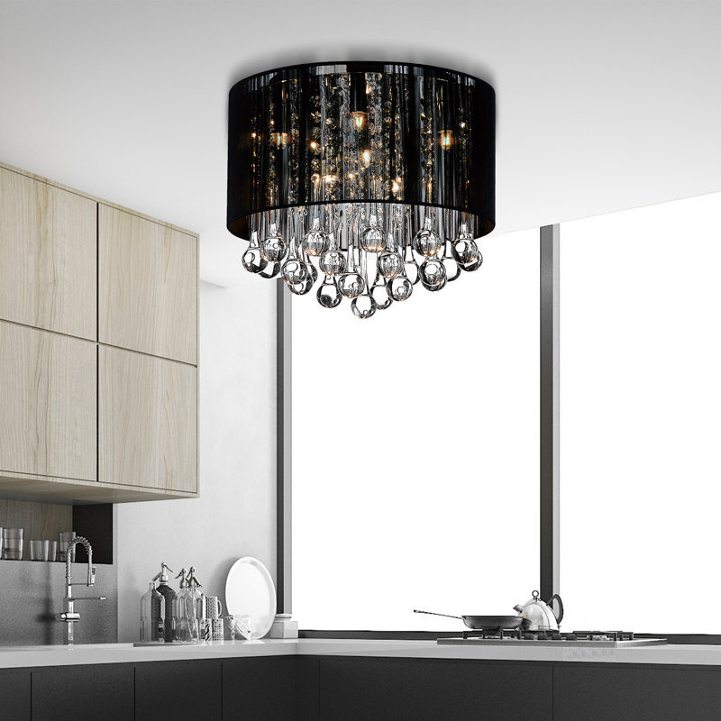 6 Light 14in Flush Mount Chrome Frame & Black Shade with Crystal Drops, Black