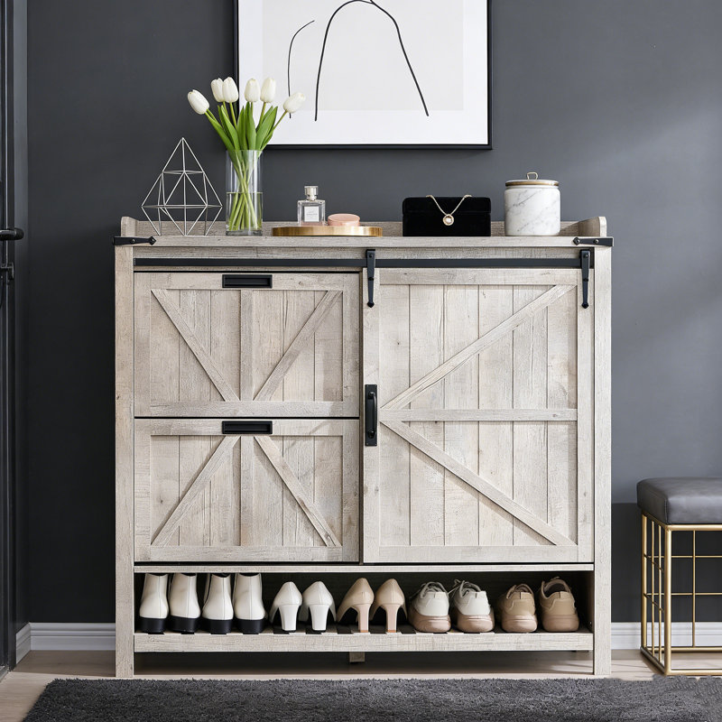 Farmhouse 2 Flip Drawers & Sliding Door Shoe Storage Cabinet – Freestanding Rustic Hidden Shoe Rack Organizer For Entryway