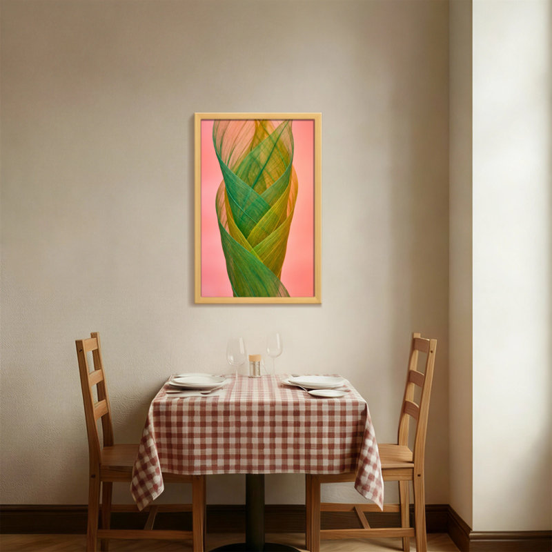 Plantes et fleurs aux feuilles vertes torsadées sur fond rose, H 12 po x l 18 po