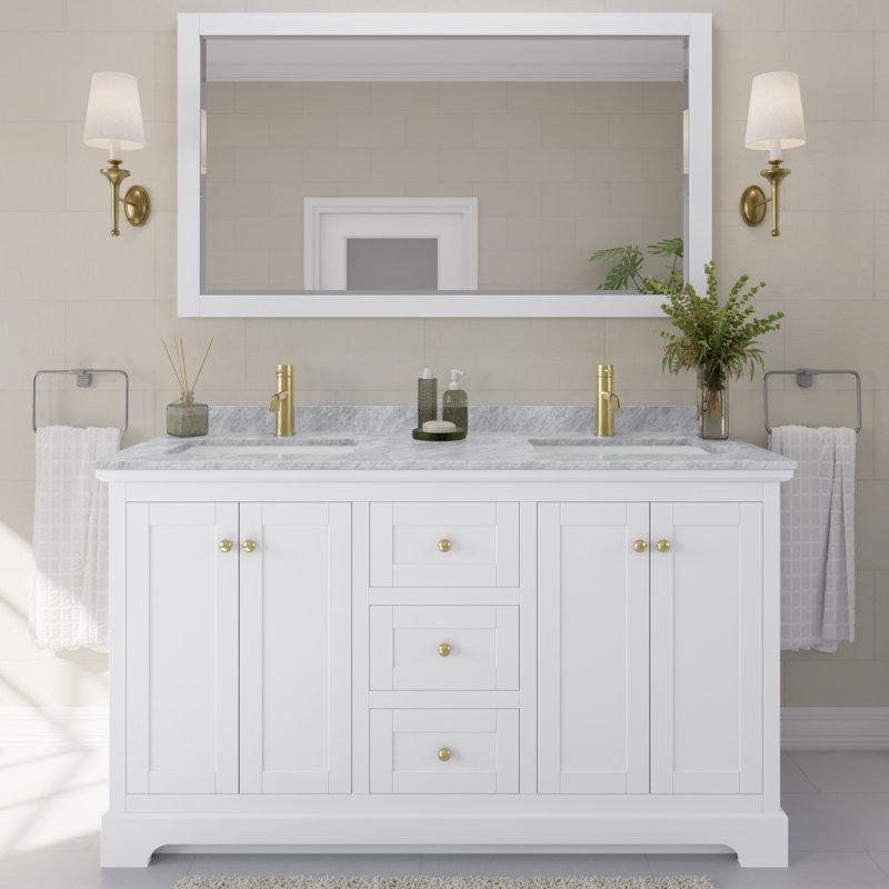 Avery 60'' Double Bathroom Vanity with Marble Top, White, Brushed Gold