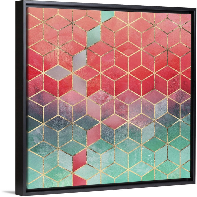 «Rose and Turquoise Cubes», reproduction d'impression sur toile, Cadre flottant noir, H 25,7 po x l 25,7 po x P 1,75 po