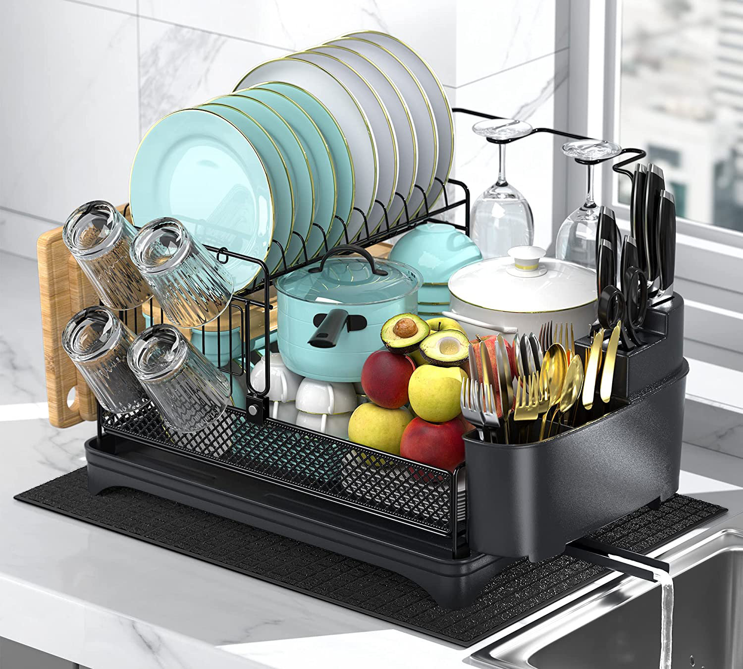 Stainless Steel Expandable Dish Rack with Drainboard and Swivel