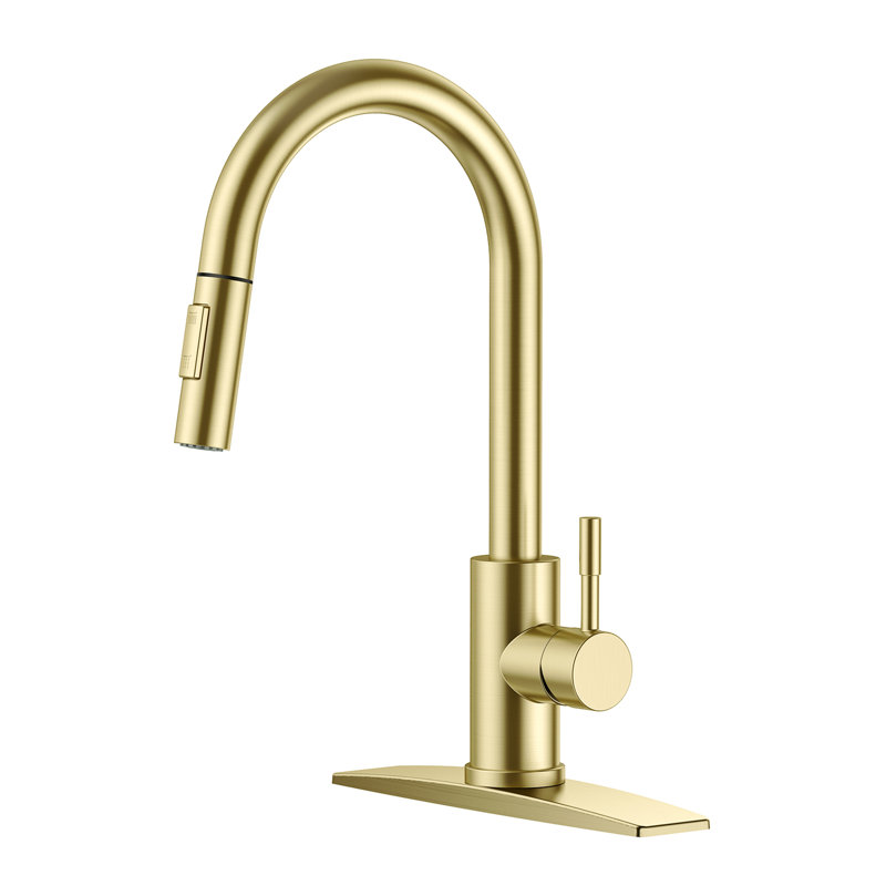 Pull Down Single Handle Kitchen Faucet With Deck Plate, Handles and Supply Lines, Brushed Gold