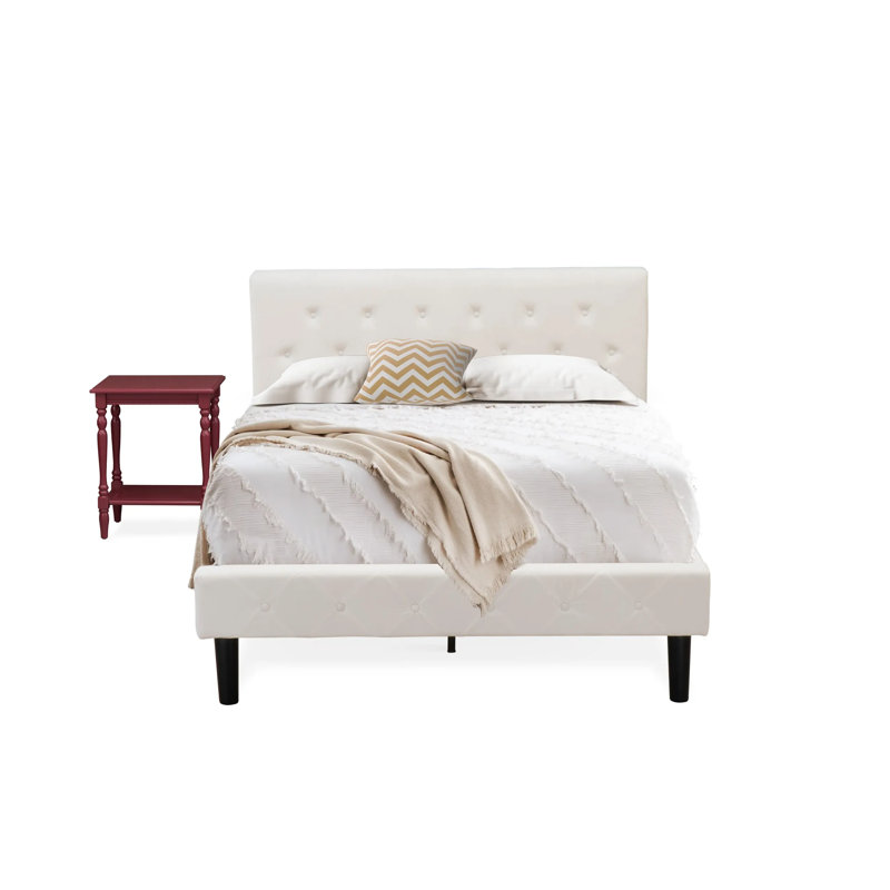 Ensemble de lit 2 pièces - Lit double capitonné - Tête de lit tapissier en tissu de velours blanc lin et table de chevet à finition bourgogne