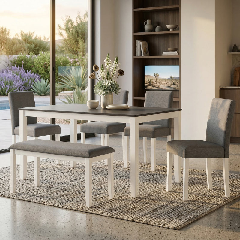 Ensemble de table de salle à manger 6 pièces avec banc et chaises, table en bois deux tons pour la cuisine, la salle à manger, gris et blanc