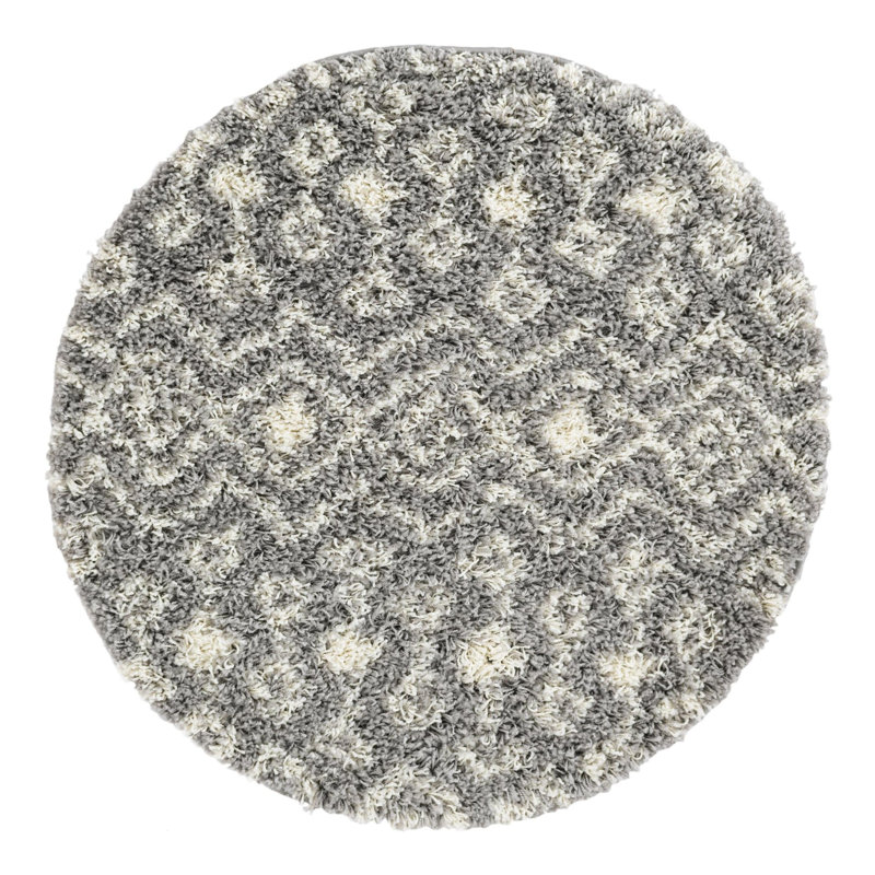 Tapis à poil long gris treillis Griego, Rond 3 pi 1 po