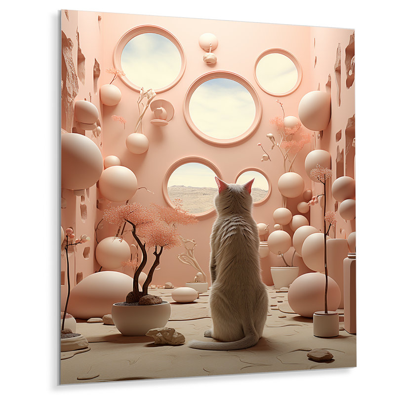 Chat blanc, intérieur futuriste rose, chat, art mural, salon, H 20 po x l 12 po x P 1 po, Métal métal
