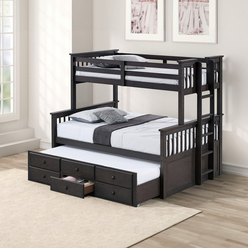 Lit simple superposé au-dessus d'un lit double avec tiroirs sous le lit, mélange de gris, aspect transitionnel, bois d'ingénierie massif pour la chambre à coucher