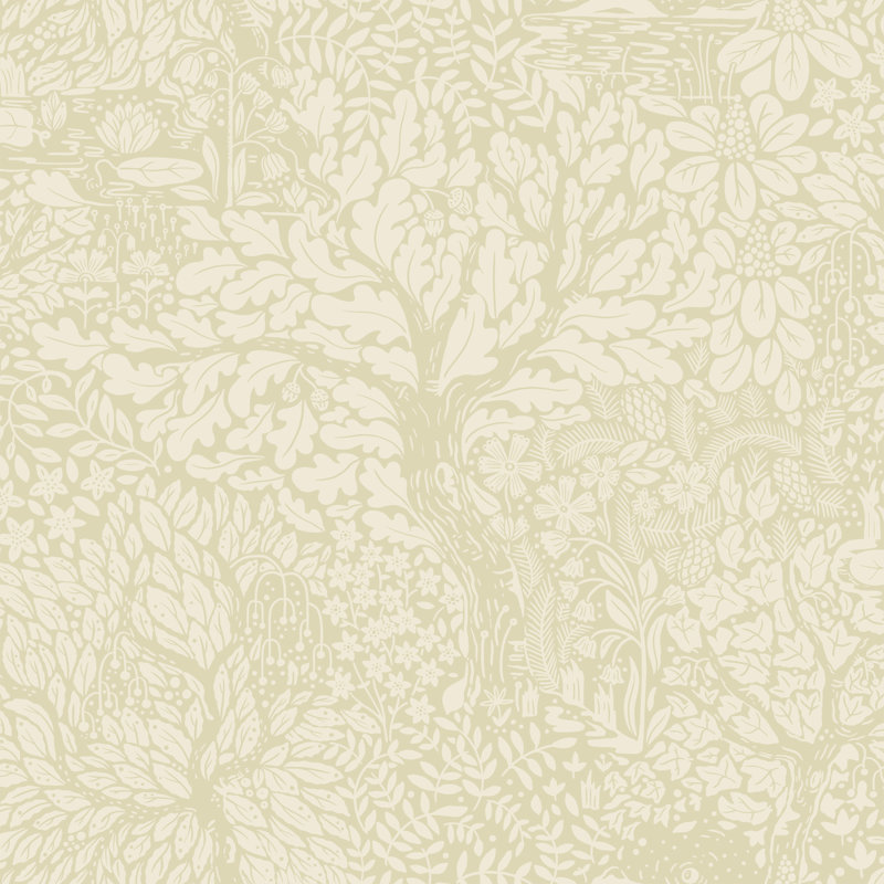 Hjarterum Olle Forest Leaf Motif 10.05m x 53cm Matte Wallpaper Roll, Cream/White