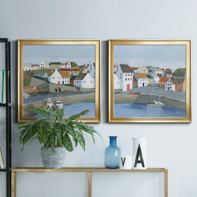 Ensemble de 2 cadres photo Old Coast Town I Old Coast Town I, H 17,5 po x l 35 po x P 1,5 po, Toile encadrée d'or