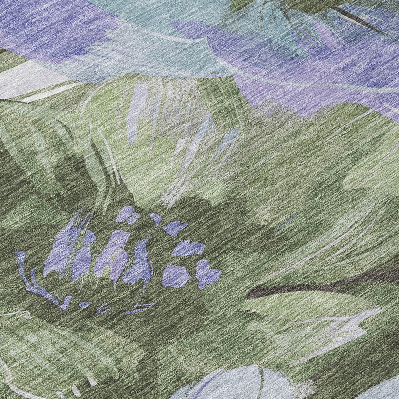 Olive and Blue Floral Synthetic Washable Area Rug
