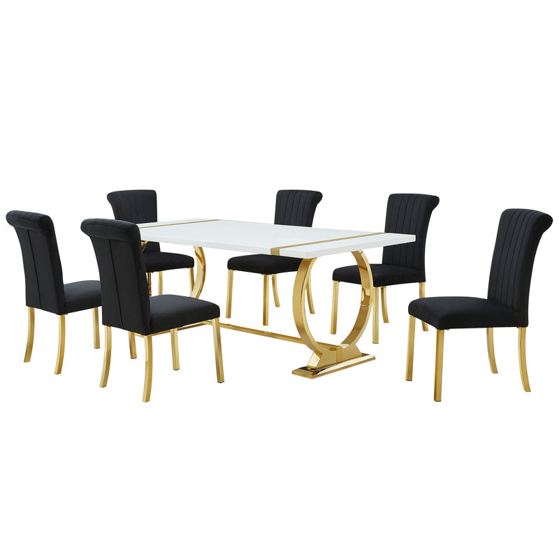 Modern 7-Piece 80"W Rectangular Dining Tabel Set for Kitchen Dining Room, Black/Gold, Gold