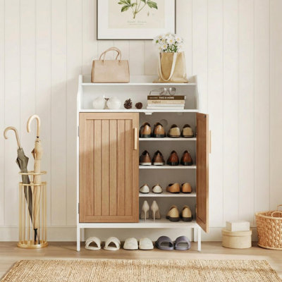Armoire de rangement à chaussures en bois à 4 niveaux avec portes, 3 tablettes réglables, conception autoportante