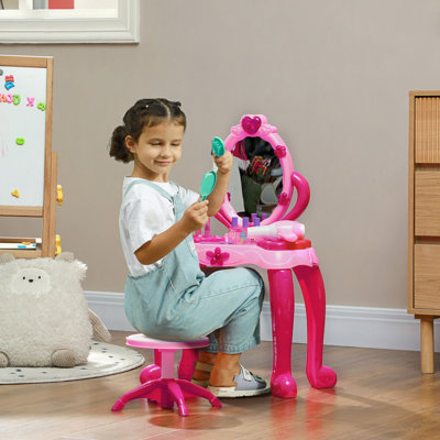 Ensemble de coiffeuse Qaba pour enfants avec miroir et tabouret, table de maquillage pour filles avec effets lumineux et sonores, 15 accessoires, ensemble de jeu d'imitation avec sèche-cheveux pour les 3 à 6 ans