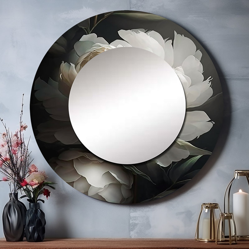 Sosefina Peony Flower III - miroir mural décoratif pivoines, grand miroir rond moderne, impression d'art en métal