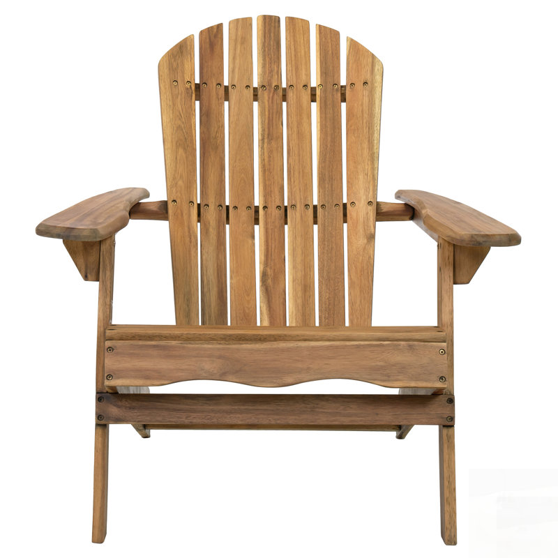 Folding Adirondack Chair For Outdoor Use, Foldable Design With Slatted Back And Wide Armrests, Teak