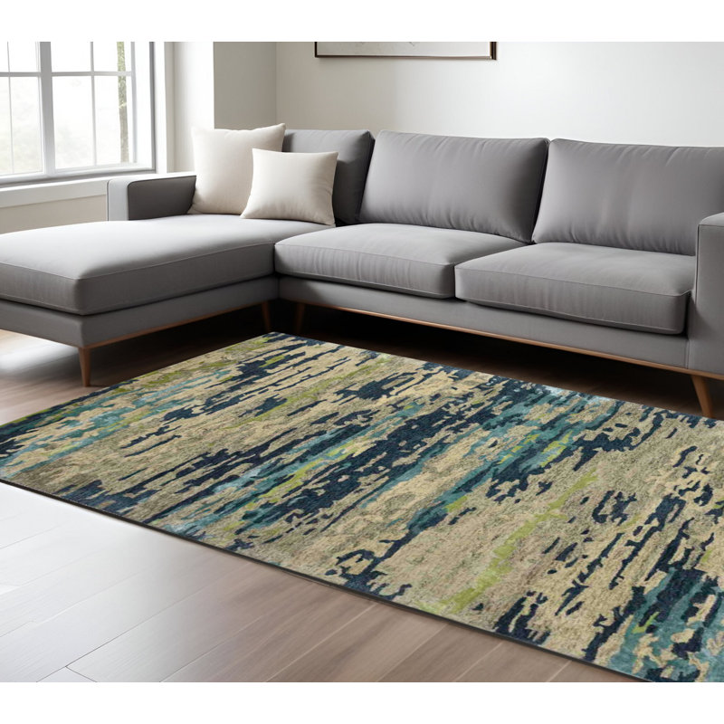 Tapis sable et vert en laine touffeté à la main 9 pi x 13 pi