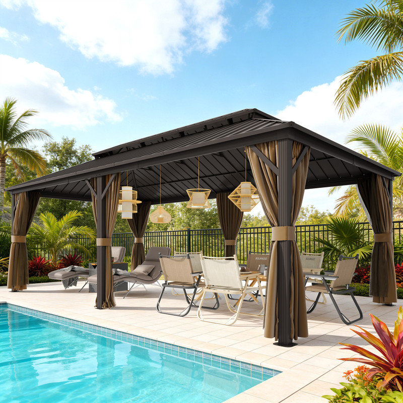  Outdoor Patio Gazebo, Hardtop Gazebo with Galvanized Steel Roof & Aluminum Frame,Heavy Duty Permanent Pavilion with Netting & Curtains for Patio, Lawn, Deck