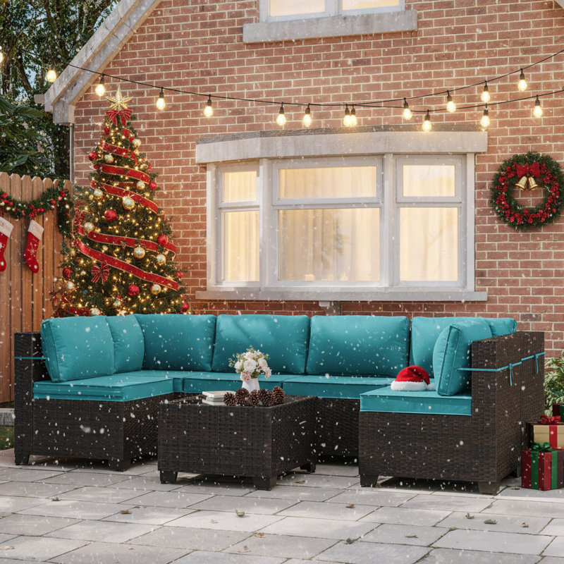 Hanshaw 7-Pieces All Weather Rattan U-Shape Sectional Sofa With Cushions, Teal