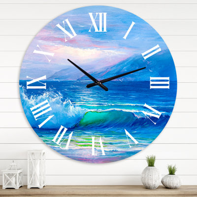 Blue Waves Breaking At The Beach II - Nautical & Coastal wall clock