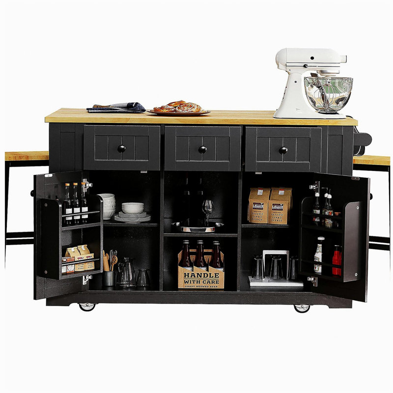 K&K 53inch Large Kitchen Island with 2 Bar Stools, Power Outlet,Door Internal Storage Rack, Kitchen Storage Cart on 5 Wheels with Drop Leaf, 5 Open Side Racks, 3 Drawers,Black (Three Packages)